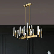 Decorbites™ modern gold curved arm island chandelier with clear crystal glass rods and slender brass arms for living room