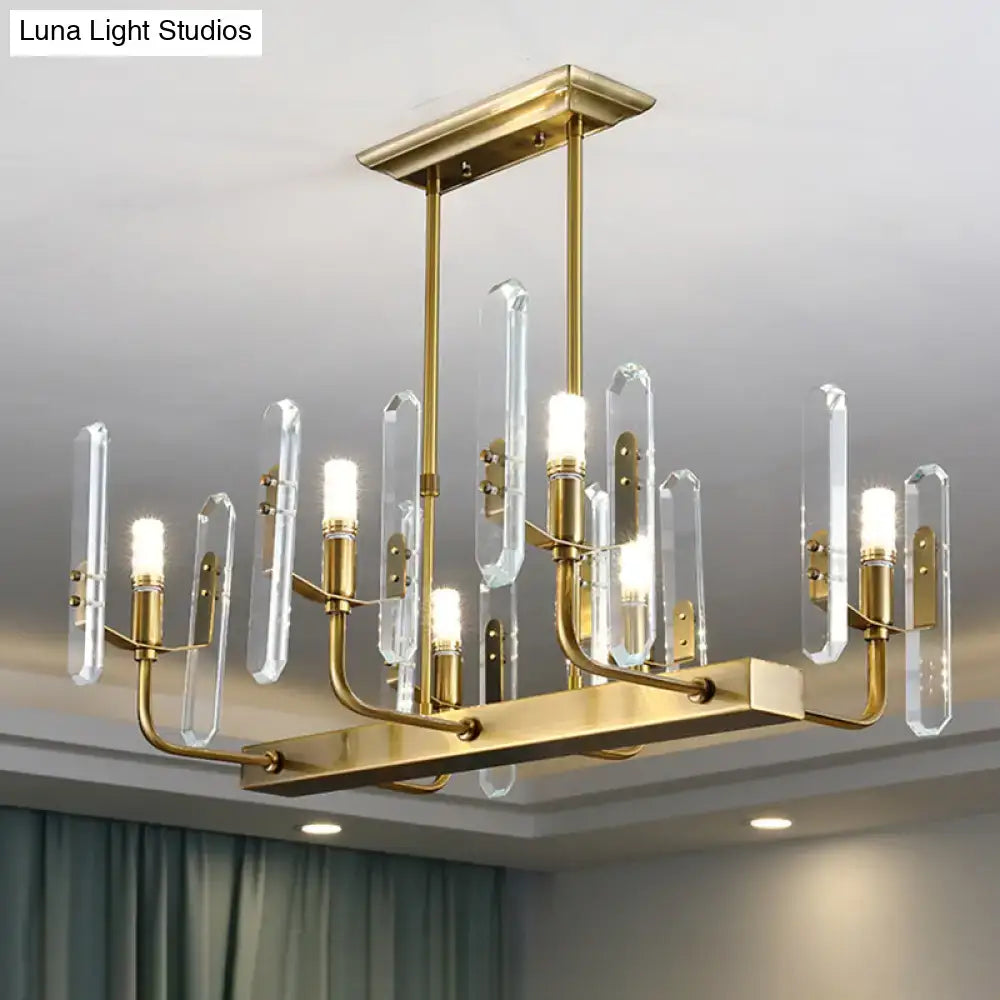 Modern gold curved arm island chandelier with clear acrylic rods and six illuminated bulbs for living room lighting