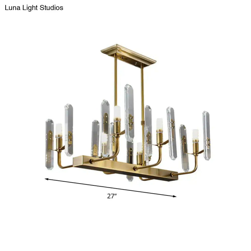 DecorBites™ modern gold curved arm chandelier with clear glass rods and candle bulbs for island lighting