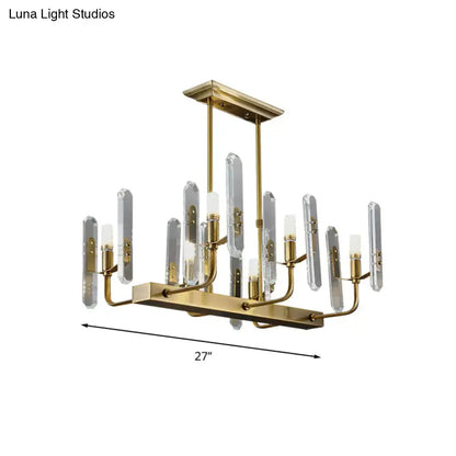 DecorBites™ modern gold curved arm chandelier with clear glass rods and candle bulbs for island lighting