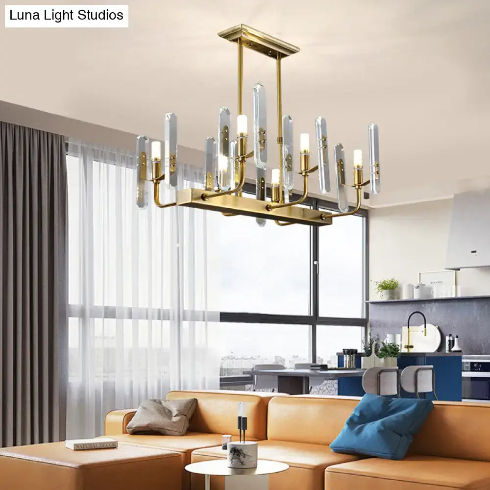 DecorBites™ modern gold curved arm chandelier with six clear glass candle-style shades for island lighting
