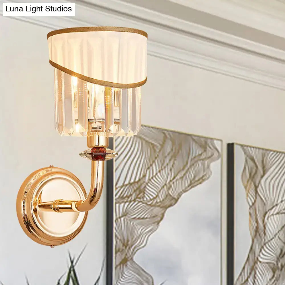 Modern gold curved arm wall light with crystal accents and pleated cream fabric shade for e12 e14 bedroom sconce
