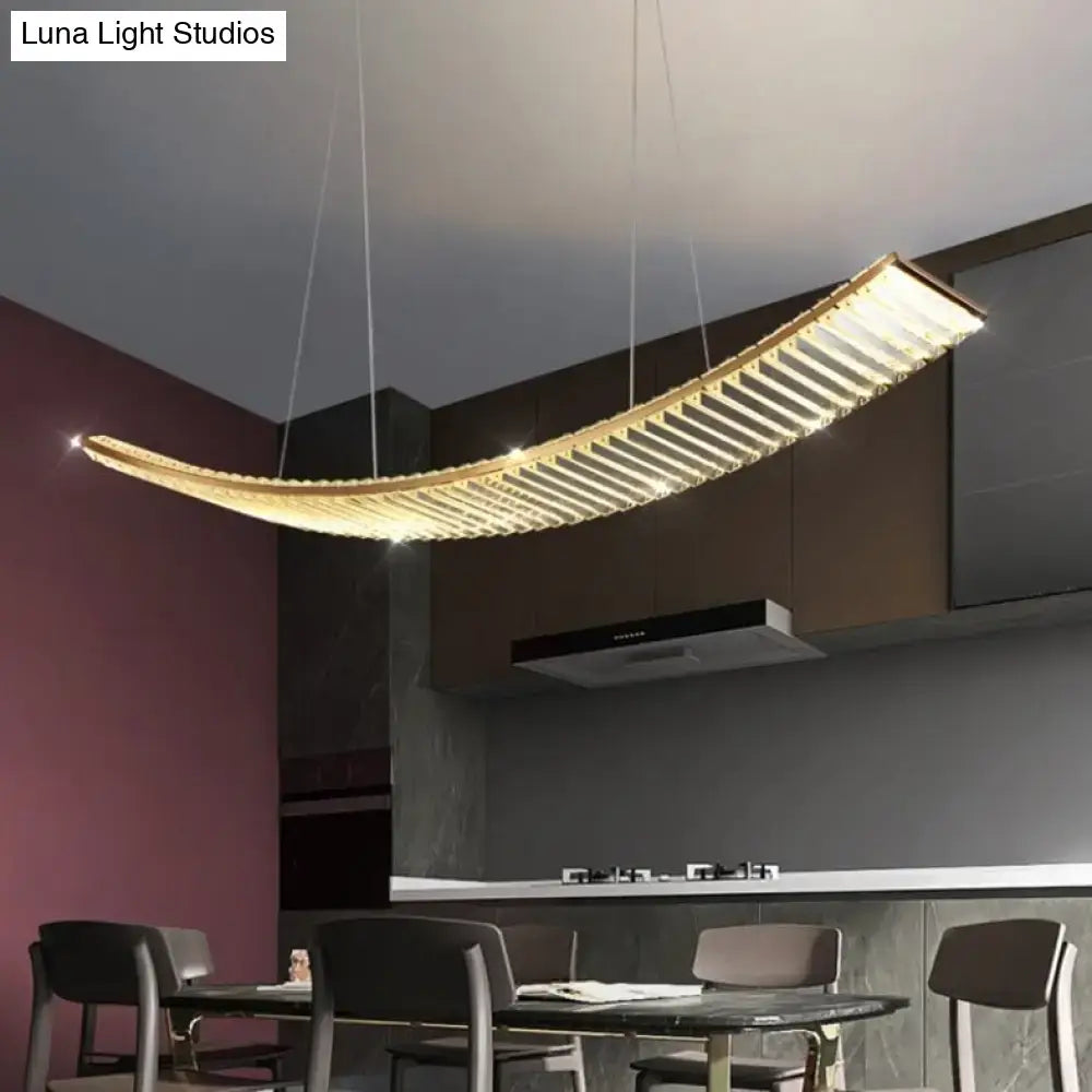 Modern gold curved crystal chandelier with horizontal slats and warm led illumination for dining room suspended crystal chandelier