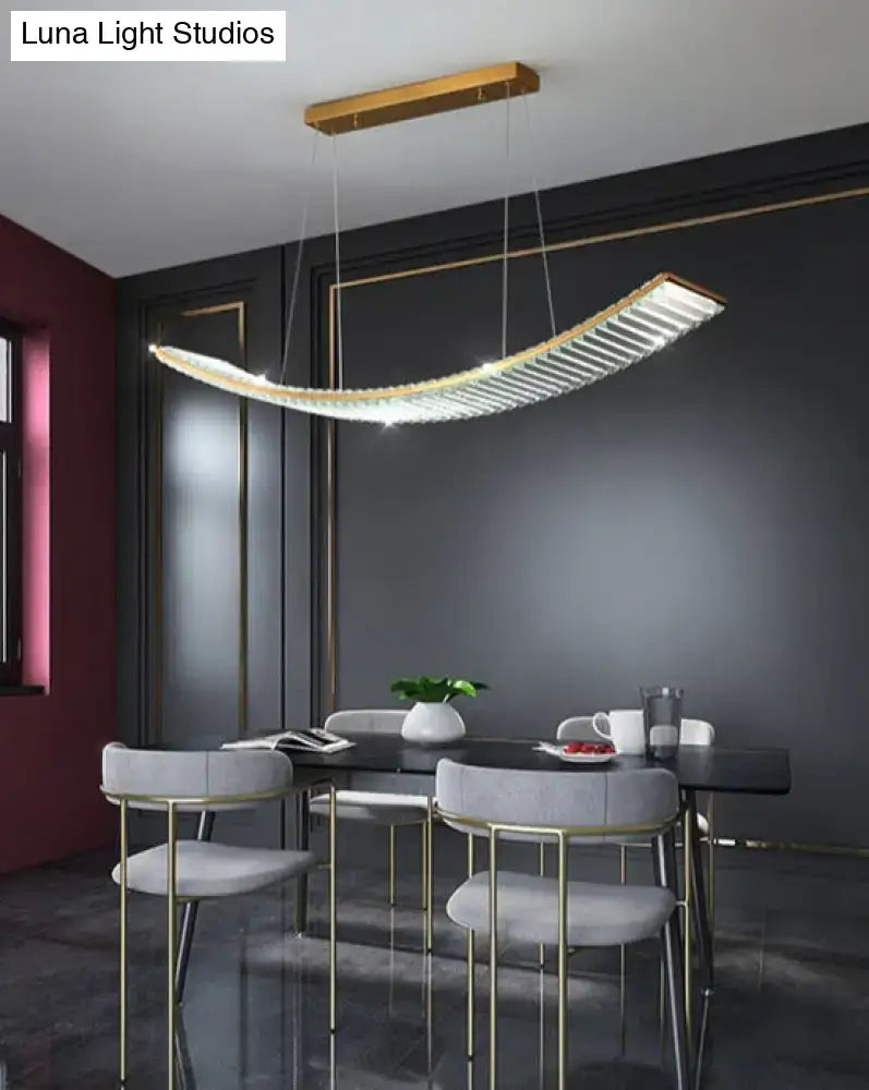 Modern gold curved crystal chandelier dining room suspended crystal with led strip lighting above dining table