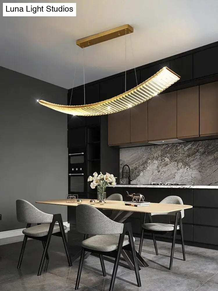 Modern gold curved suspended crystal chandelier with integrated led lighting for dining room use