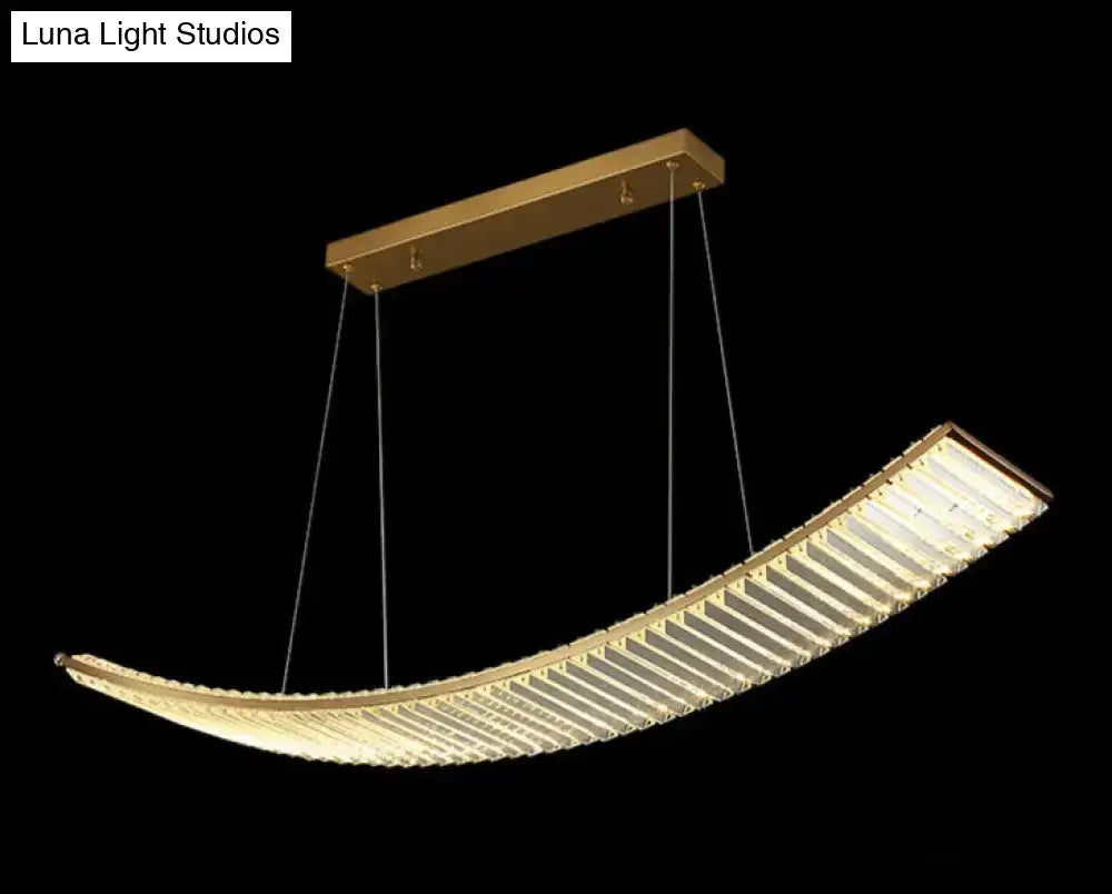 Modern gold curved crystal chandelier featuring translucent panels and sleek metallic framing for dining room suspended crystal chandelier