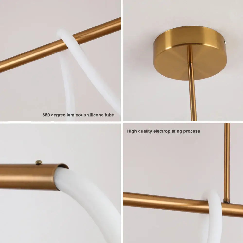 Modern gold curved led pendant lights with a sleek brass frame and flexible luminous led pendant tubing for living room