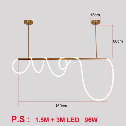 Gold-toned minimalist led pendant lights with sleek horizontal bar and coiled white strip for modern living room lighting