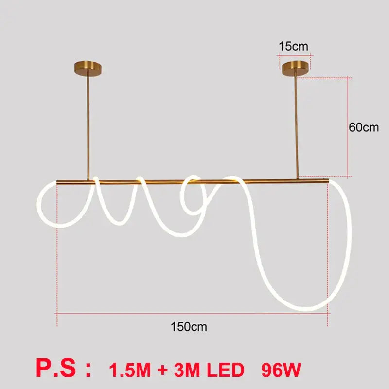 Gold-toned minimalist led pendant lights with sleek horizontal bar and coiled white strip for modern living room lighting