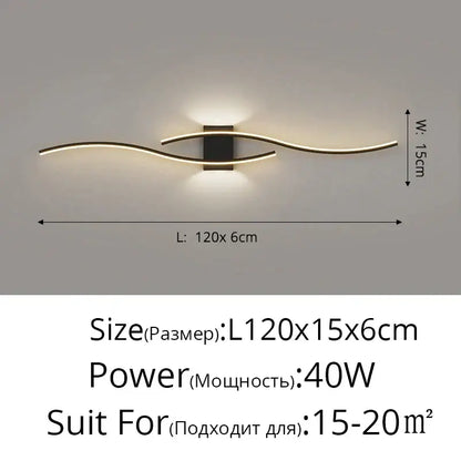 Modern gold curved led wall lamp with sleek curved arms and black rectangular housing for bedroom ambient light