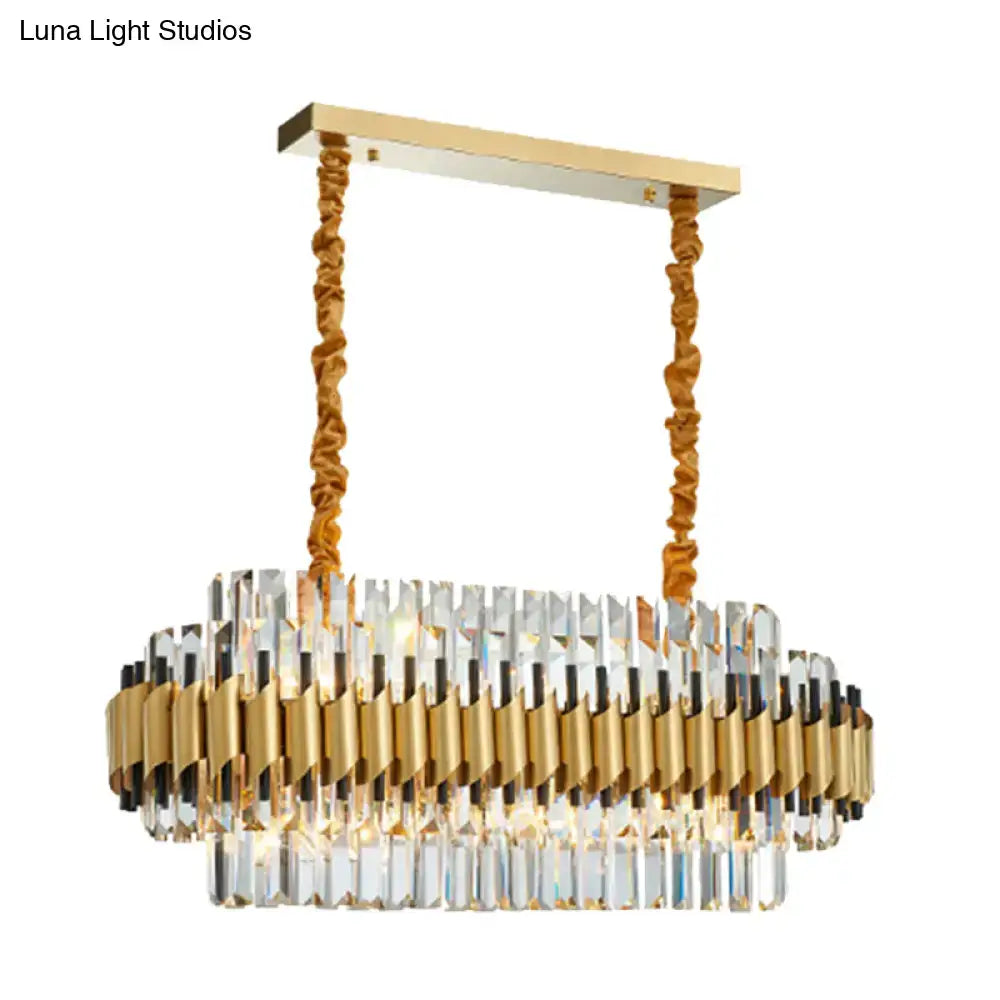 DecorBites traditional gold rectangle-cut crystal chandelier light kit with 10 heads and modern tiered cylindrical rods design