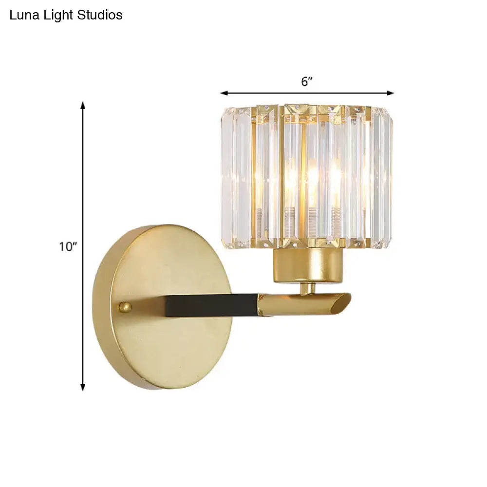 Modern gold cylinder crystal wall light fixture with black accent bar designed for bedroom LED incandescent use