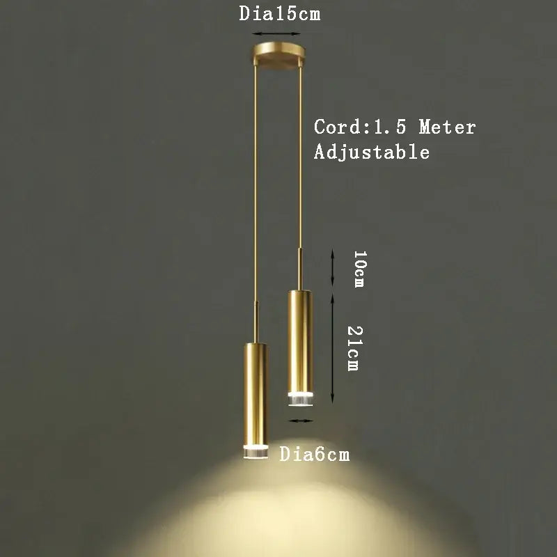 Modern gold cylindrical led pendant light with adjustable cord and two sleek metallic lamp heads for bedroom decorbites gold modern