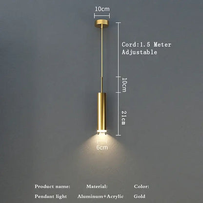 Modern gold cylindrical led pendant light made of aluminum and acrylic with adjustable 1.5m cord for bedroom decorbites gold modern