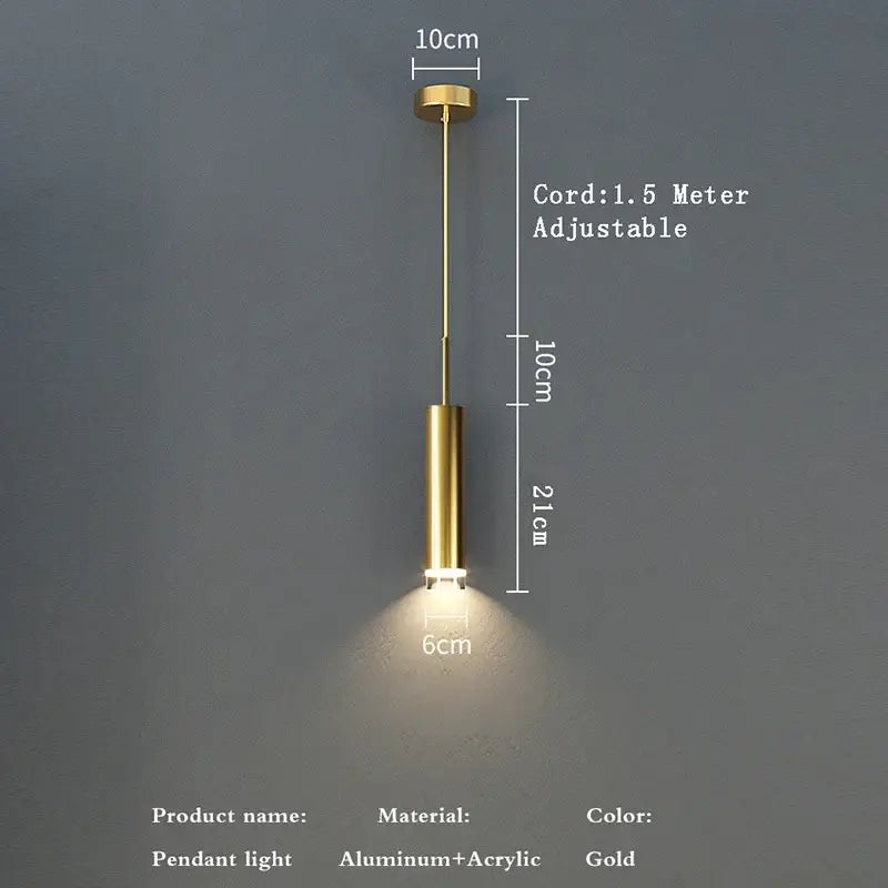 Modern gold cylindrical led pendant light made of aluminum and acrylic with adjustable 1.5m cord for bedroom decorbites gold modern