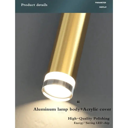Modern gold cylindrical led pendant light with aluminum body and acrylic cover featuring energy-saving led chip decorbites gold modern