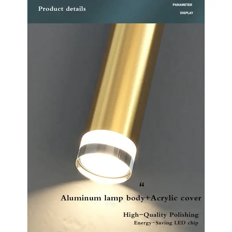 Modern gold cylindrical led pendant light with aluminum body and acrylic cover featuring energy-saving led chip decorbites gold modern