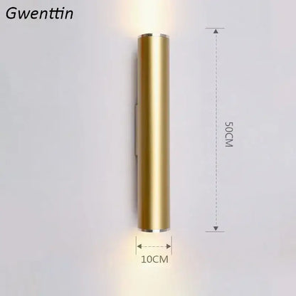 Modern gold cylindrical wall sconce light fixture 50cm tall and 10cm wide for living room wall lighting