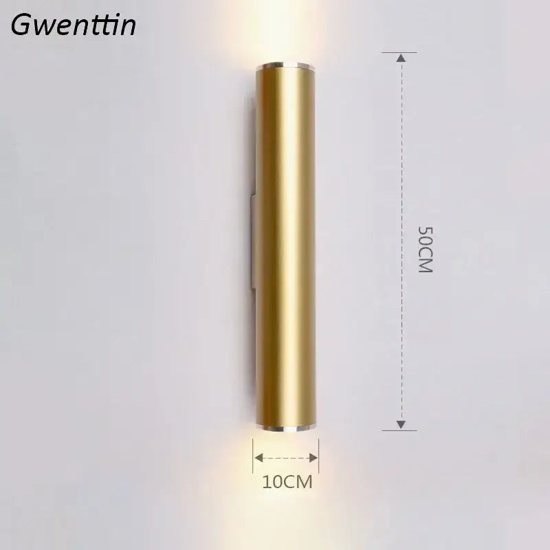 Modern gold cylindrical wall sconce light fixture 50cm tall and 10cm wide for living room wall lighting