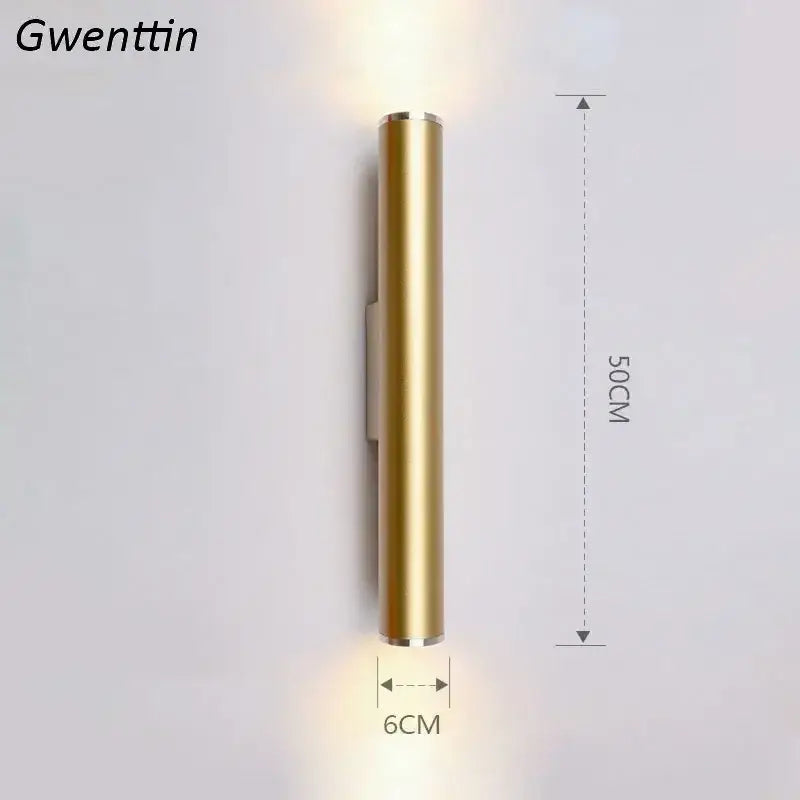Modern gold cylindrical wall sconce light fixture with sleek metallic finish and 50cm height for living room use
