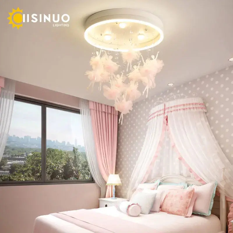 Modern gold dancing girl led chandelier with delicate pink feathered dancers and warm white light for bedroom decorbites dancing girl