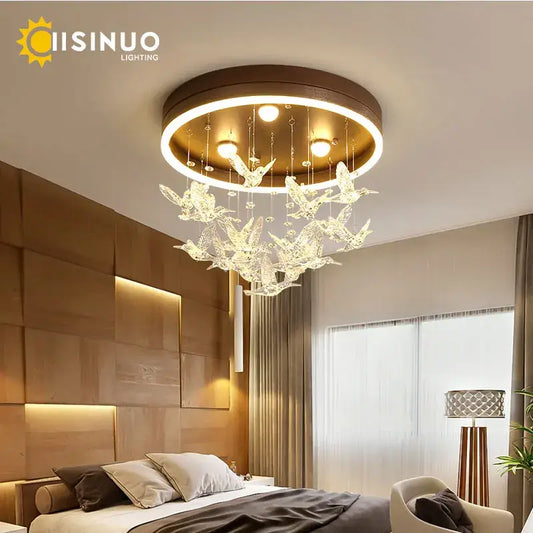 Modern gold dancing girl led chandelier with warm gold ring and clear crystal bird ornaments for bedroom decorbites dancing girl
