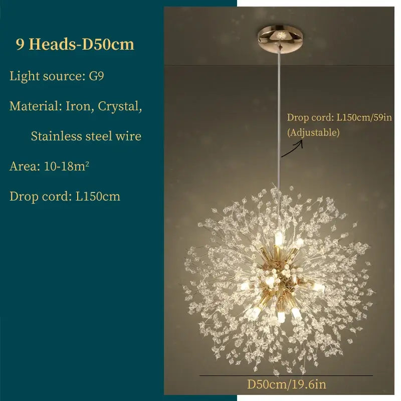 Modern gold dandelion art crystal chandelier with 9 g9 light heads on stainless steel frame for living room decorbites dandelion art