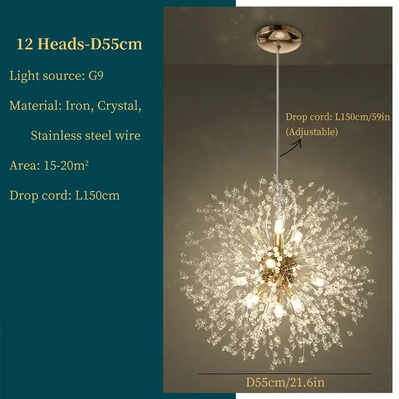 Modern gold dandelion art crystal chandelier with 12 g9 lights crafted from iron and crystal on stainless steel frame by decorbites dandelion art