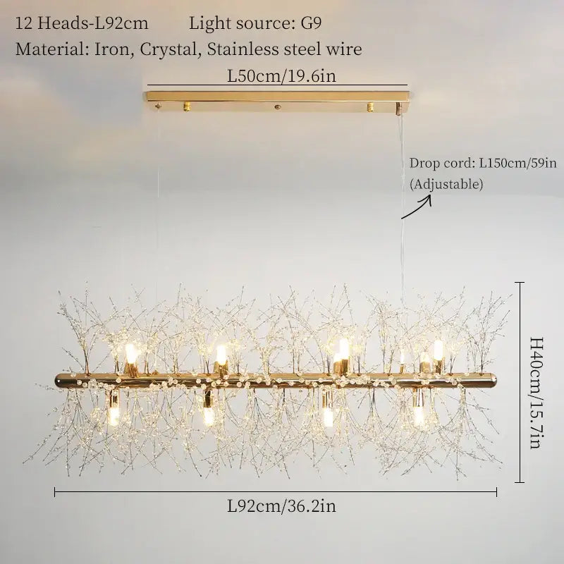 Modern gold dandelion art crystal chandelier with 12 g9 lights and intricate iron branches for living room decorbites dandelion art