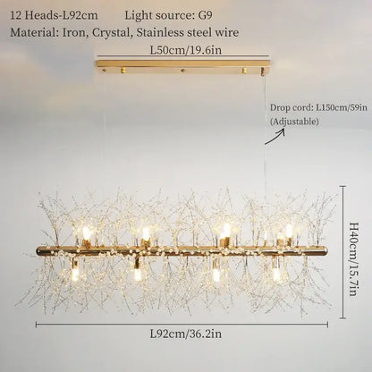 Modern gold dandelion art crystal chandelier with 12 g9 lights and intricate iron branches for living room decorbites dandelion art
