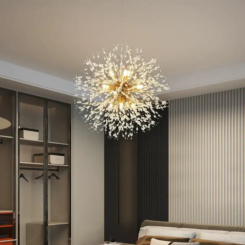 A modern gold dandelion crystal ceiling lamp with sparkling crystals and floral design for dining room decorbites dandelion crystal
