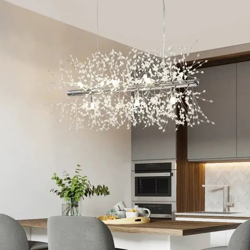 Modern gold decorbites dandelion crystal ceiling lamp with chrome finish and delicate crystal branches for dining room decor