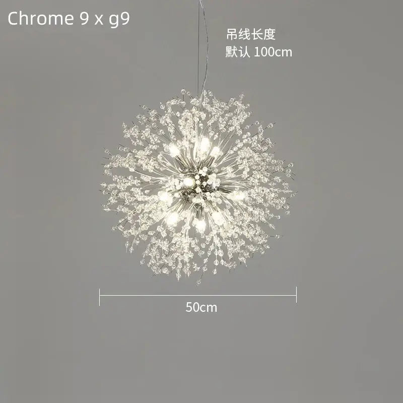 Modern gold dandelion crystal ceiling lamp with chrome finish nine g9 bulbs decorbites dandelion crystal decor