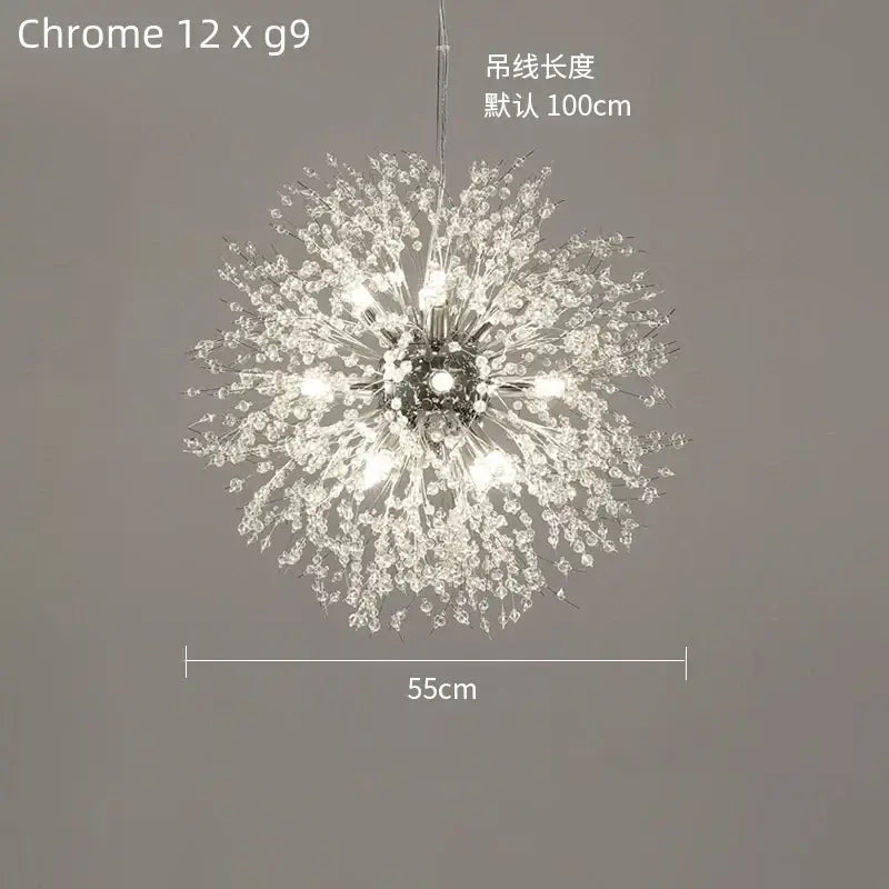 Modern gold dandelion crystal ceiling lamp with chrome accents and 12 g9 bulbs for elegant dining room decorbites dandelion crystal