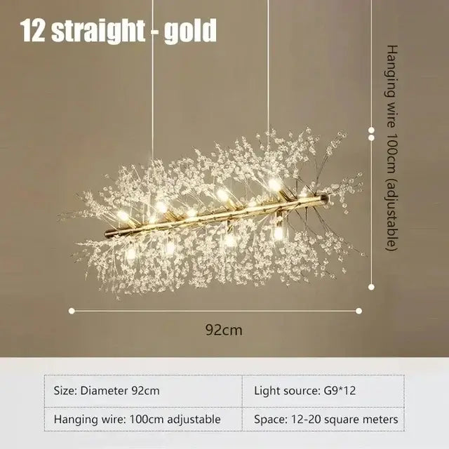 Modern gold dandelion crystal ceiling lamp with 12 straight lights and crystal accents for dining room decorbites dandelion crystal