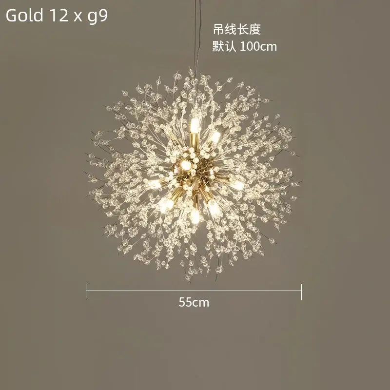 Modern gold dandelion crystal ceiling lamp with clear teardrop accents for dining room decorbites dandelion crystal