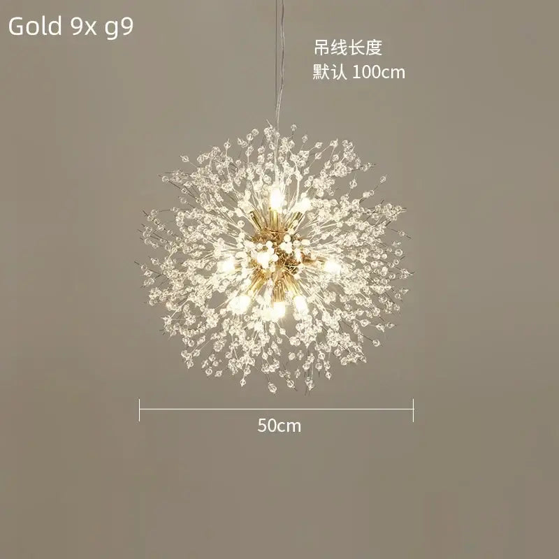 Modern gold dandelion crystal ceiling lamp with crystal droplets and central lights for dining room decorbites dandelion crystal