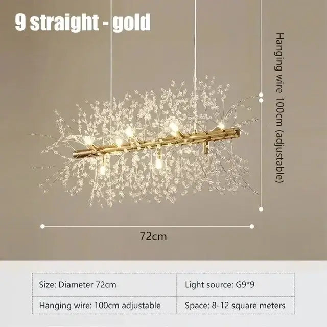 Modern gold dandelion crystal ceiling lamp with branching design and clear crystal droplets for dining room decorbites dandelion crystal