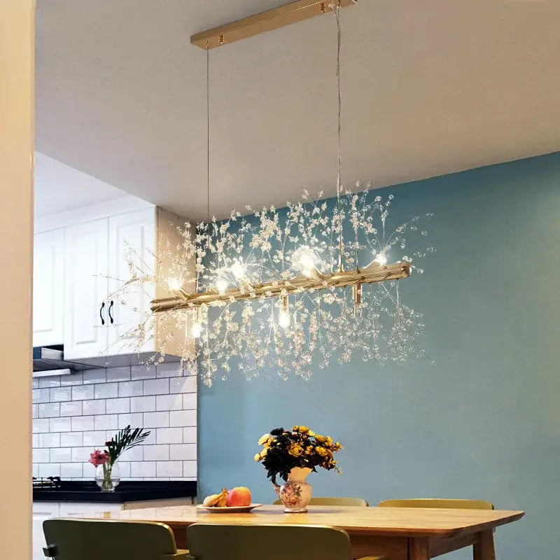 Modern gold dandelion crystal ceiling lamp with delicate branches and embedded lights for dining room decorbites dandelion crystal