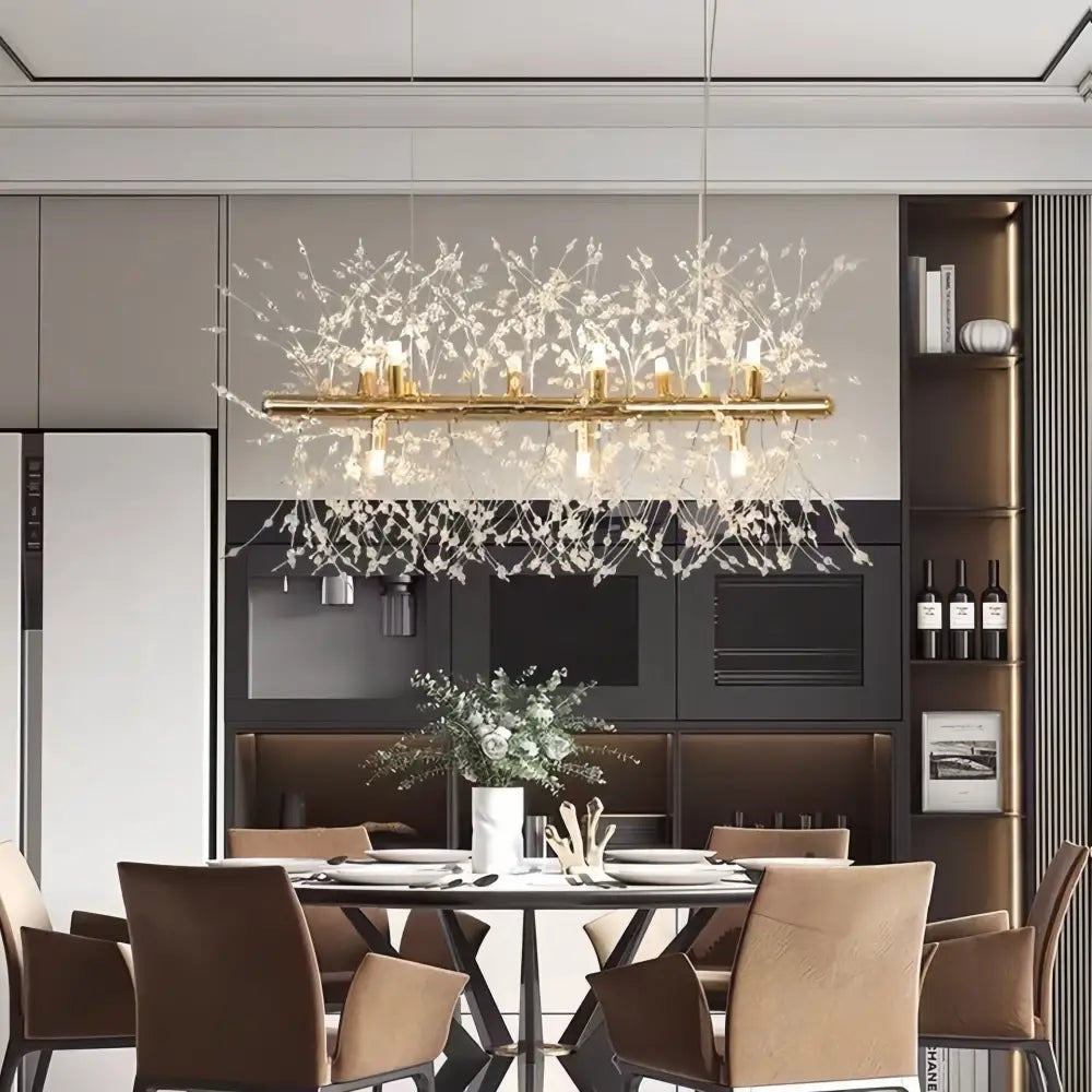 Modern gold dandelion crystal ceiling lamp with delicate branching crystal arms and embedded lights for dining room decorbites dandelion crystal