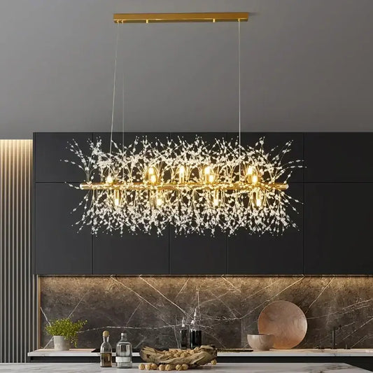 Modern gold-toned crystal ceiling lamp with intricate dandelion crystal design for dining room decorbites dandelion crystal