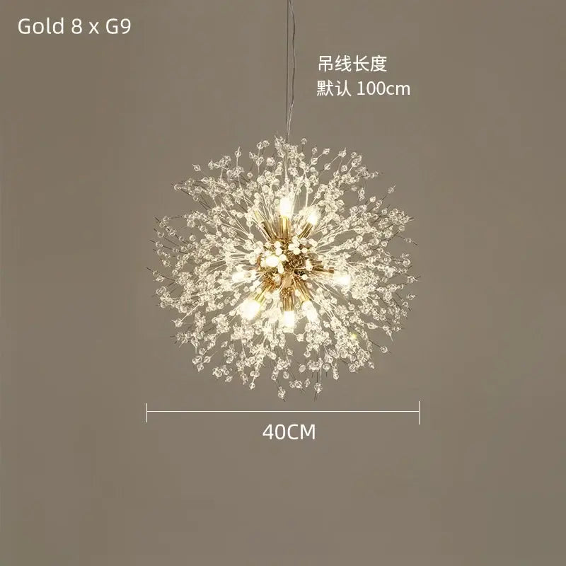 Modern gold dandelion crystal ceiling lamp with multiple light bulbs and crystal accents for dining room decorbites dandelion crystal