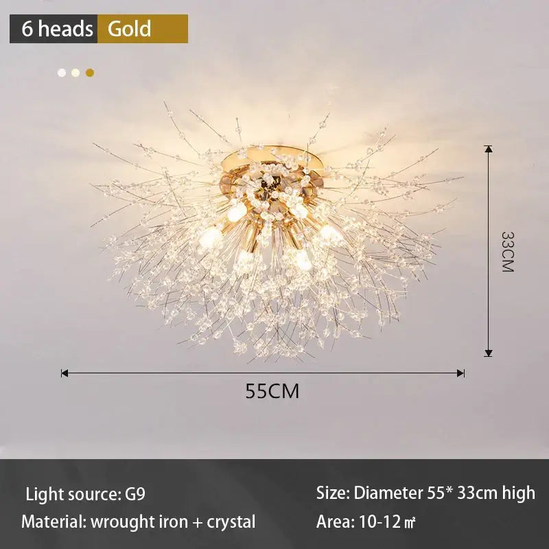 Modern gold dandelion crystal led ceiling light with six illuminated heads made of wrought iron for living room use