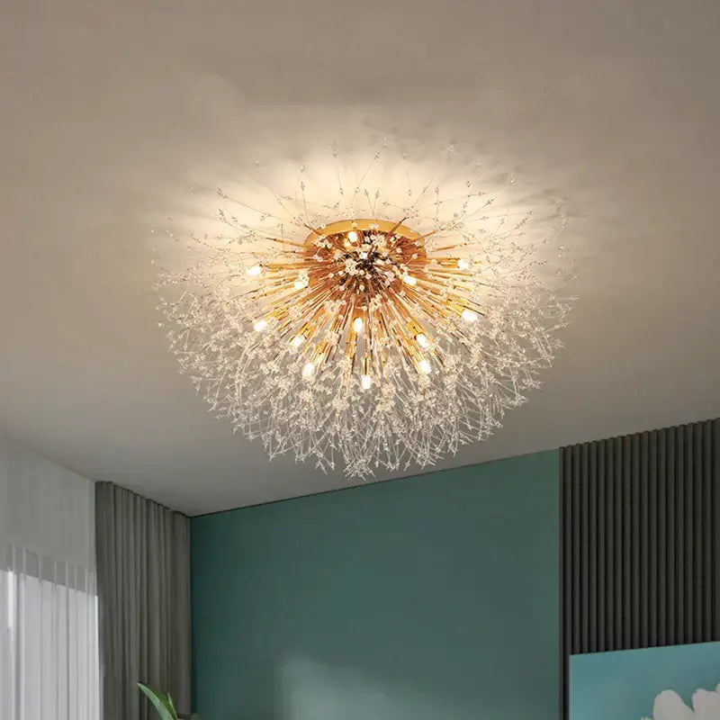 Modern gold dandelion crystal led ceiling light with brass base for living room ceiling light fixture