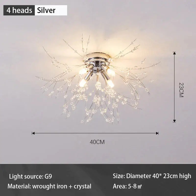 Silver four-head led ceiling light with delicate crystal branches and wrought iron design for living room use