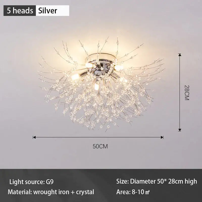 Silver five-head ceiling light with sparkling crystal design and wrought iron frame for modern living room led ceiling