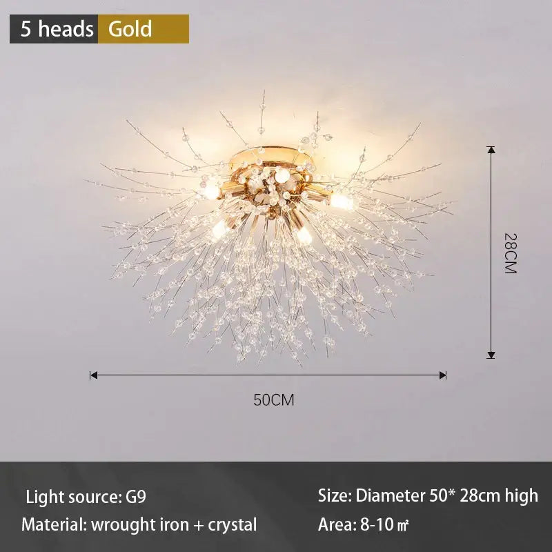 Modern gold dandelion crystal led ceiling light with four illuminated heads for living room decor