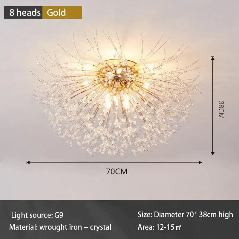 Modern gold dandelion led ceiling light with gold-dipped wrought iron and crystal accents for living room use