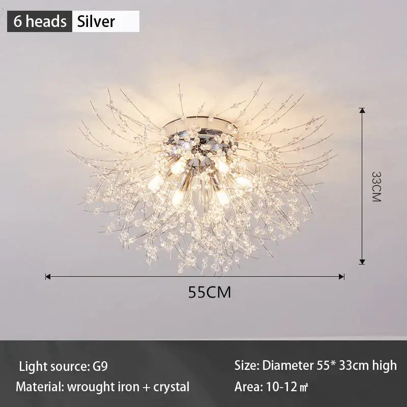 Silver six-head ceiling light with sparkling crystal design and wrought iron frame for modern living room led ceiling lighting