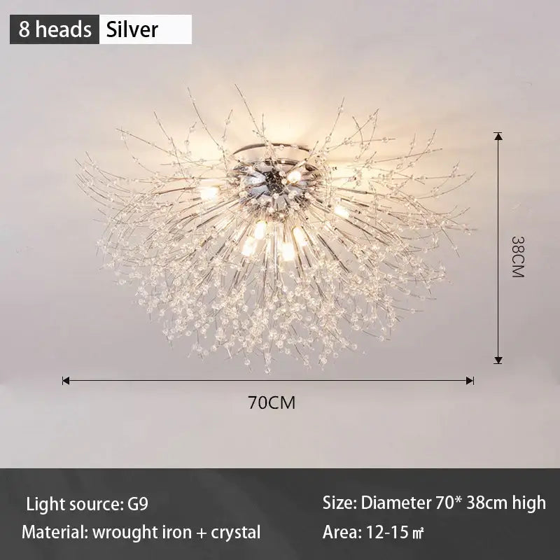 Modern gold dandelion crystal led ceiling light with silver eight-head sparkling crystals and wrought iron frame for living room